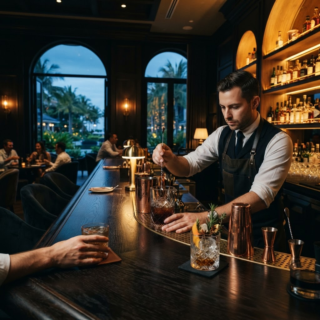 A luxury resort lounge where a bartender crafts a premium non-alcoholic beverage